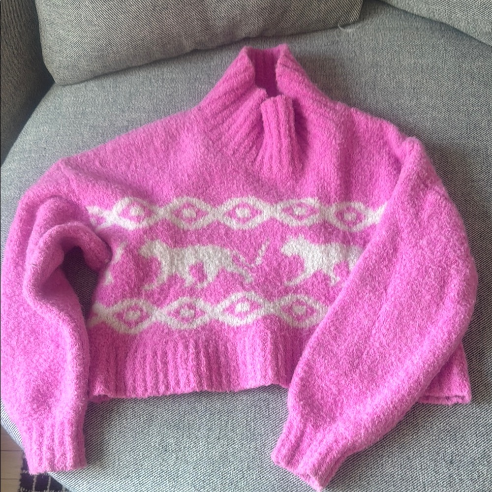 Pink and White Cowl Neck Sweater with Cozy Knit